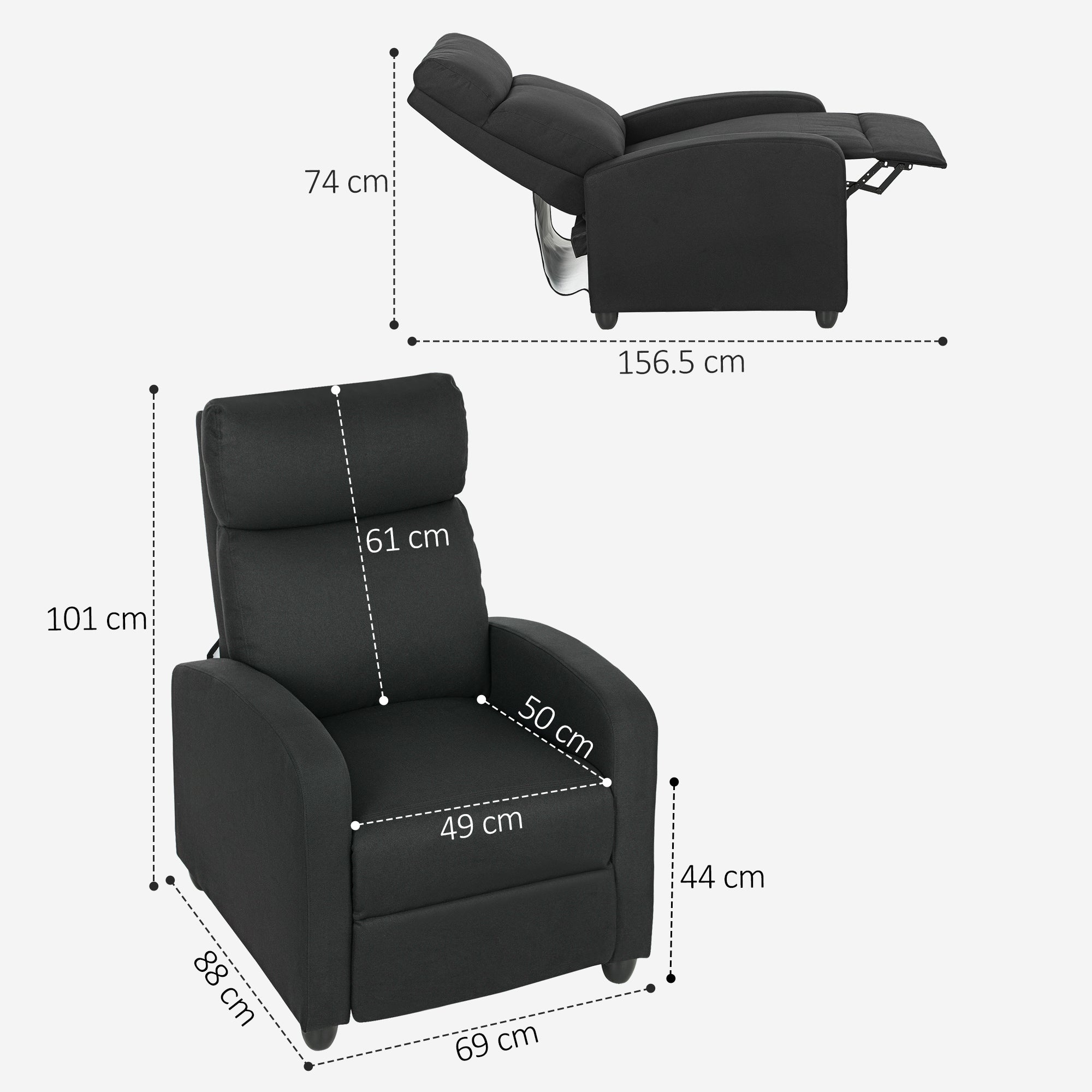Manually Reclining Relaxing Chair with Footrest and Fabric Upholstery, Black