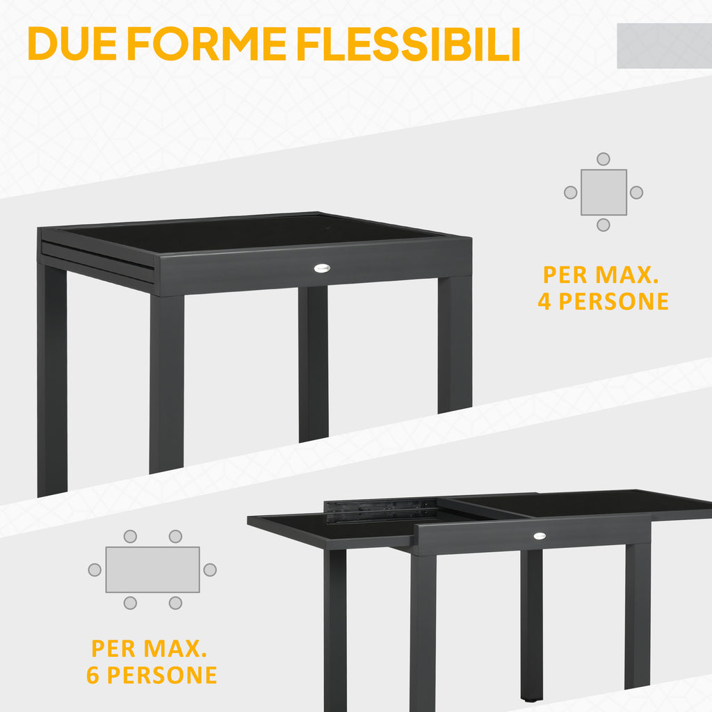 Extendable Garden Dining Table with Glass and Aluminum Top, 80-160x80x75 cm, Black