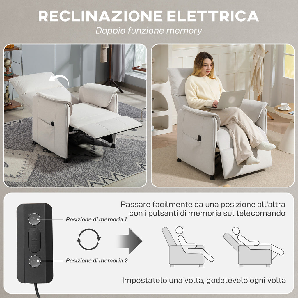 Electric Recliner Chair with Remote Control and Footrest, in Velvet Effect Fabric, 80x83x104 cm, Cream