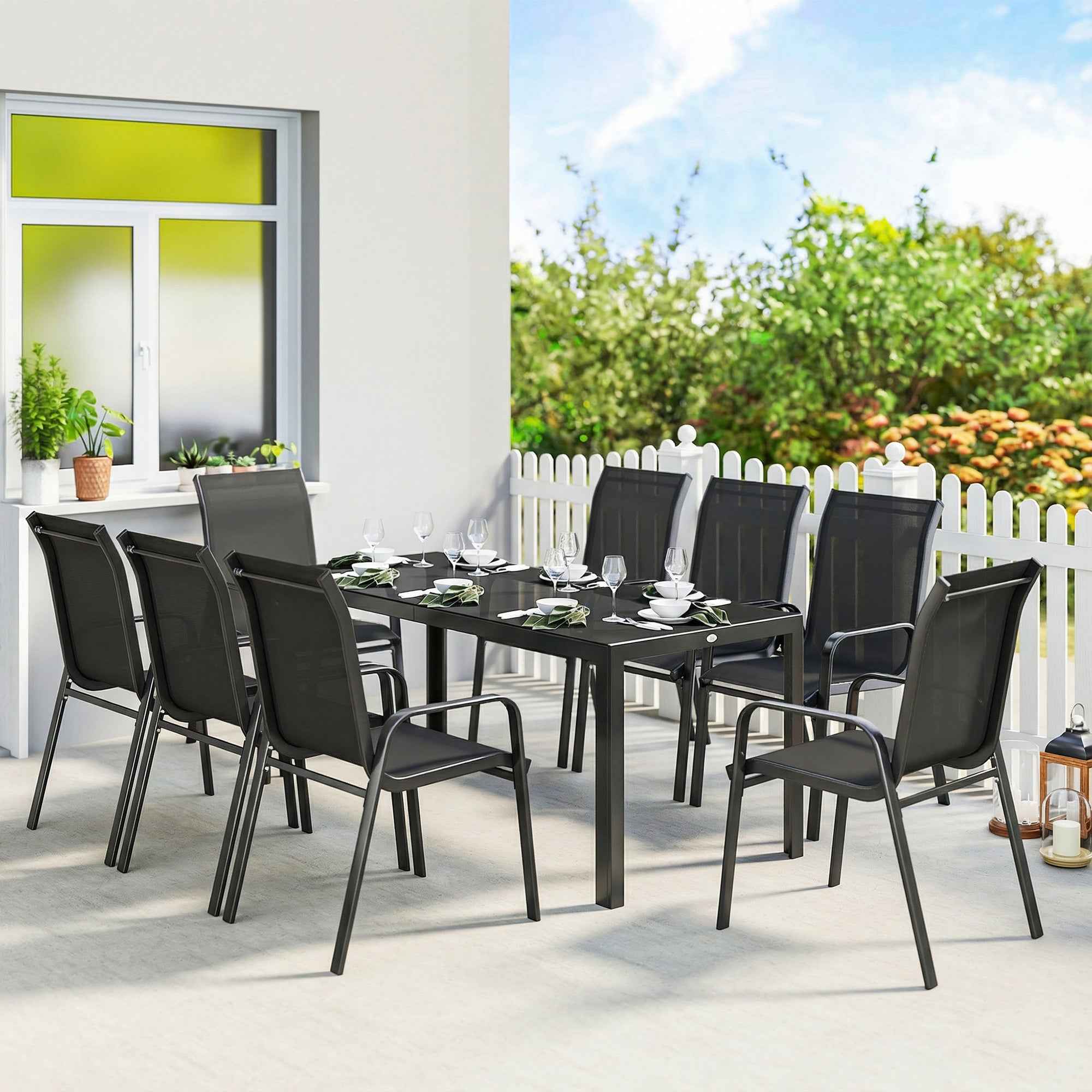 Outsunny 9-Piece Outdoor Set with 8 Stackable Texteline Chairs and Glass-Top Coffee Table, Black