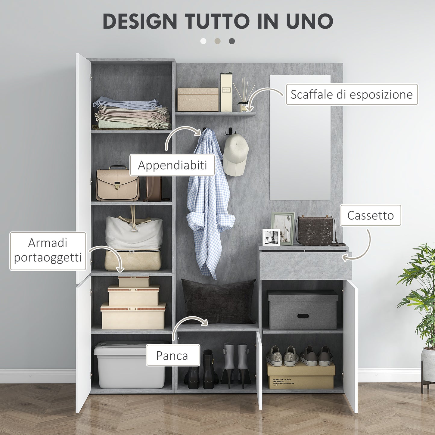 Hallway Cabinet 4 in 1 with Mirror, Hooks and Internal Shelves, Wooden, 145x29x184 cm, Grey and White