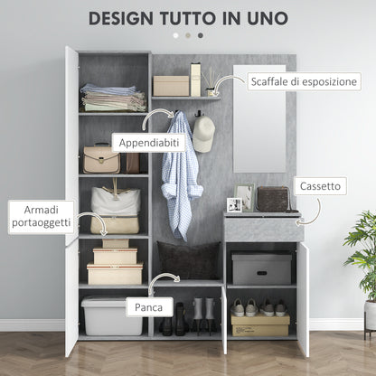 Hallway Cabinet 4 in 1 with Mirror, Hooks and Internal Shelves, Wooden, 145x29x184 cm, Grey and White