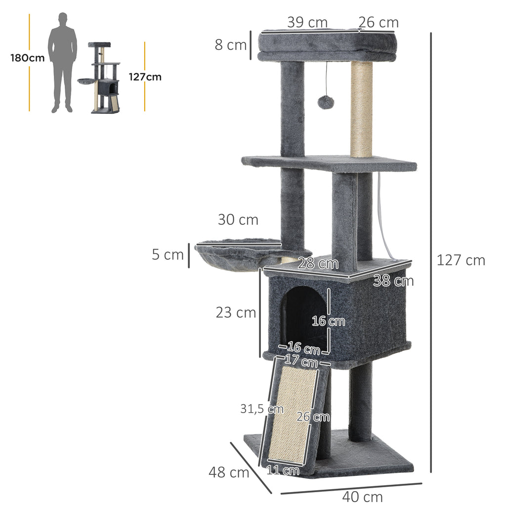 PawHut Cat Tree, 127 cm Tall, with Sisal Scratching Posts, Ramp, Basket, Kennel, Hammock, Grey