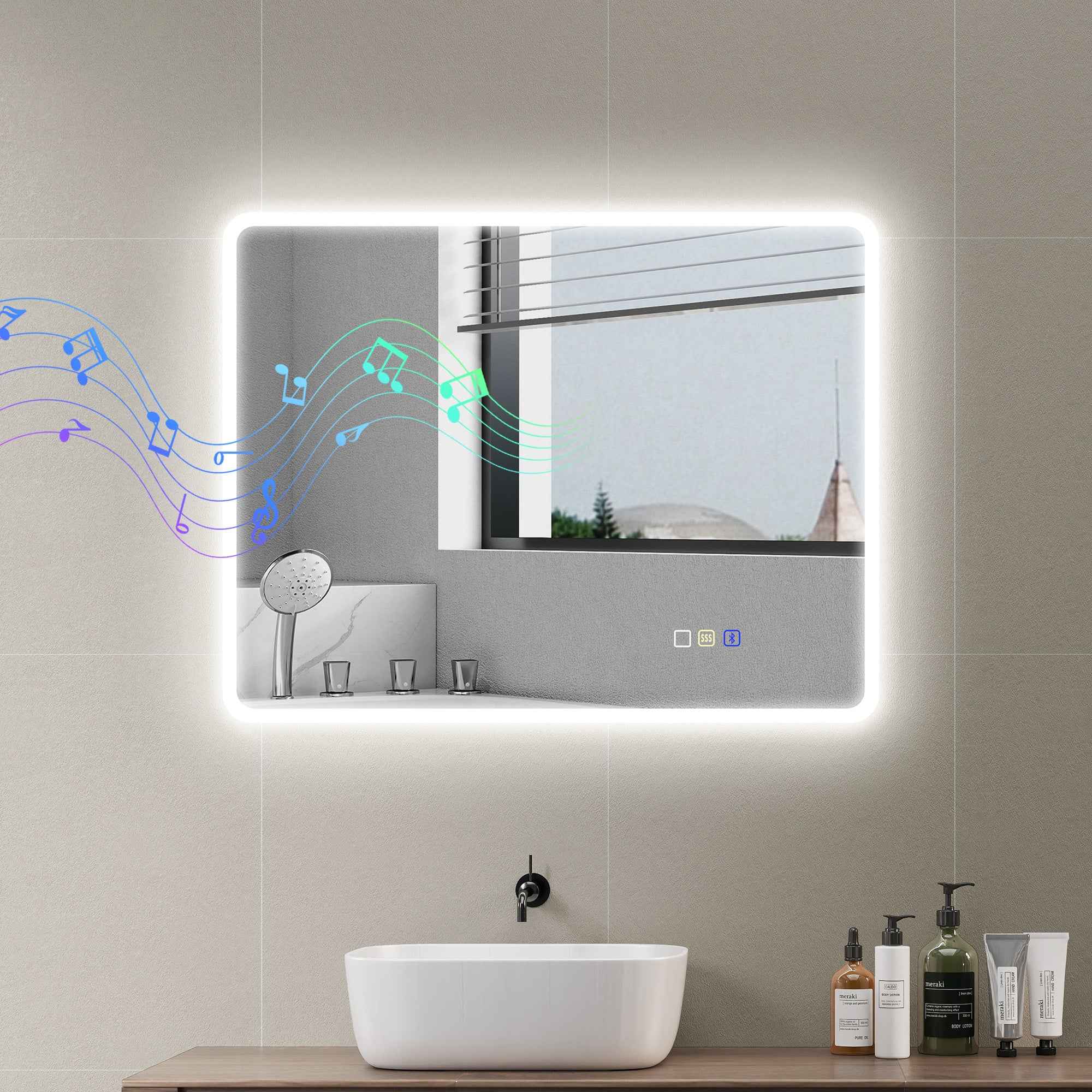 HOMCOM Bluetooth LED Bathroom Mirror, Touch Switch, Adjustable Light, 3 Colors, Anti-Fog, 70 x 90 cm, Silver