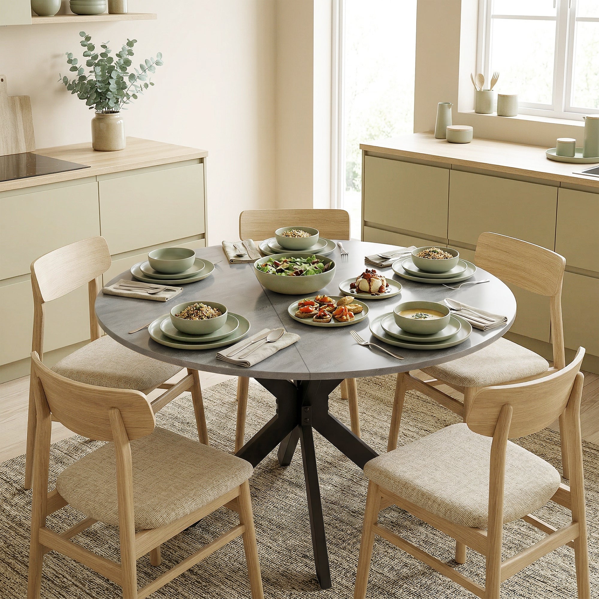 HOMCOM Folding Table for 2-6 People, Folding Wings, Double X Steel Frame, Cement Grey