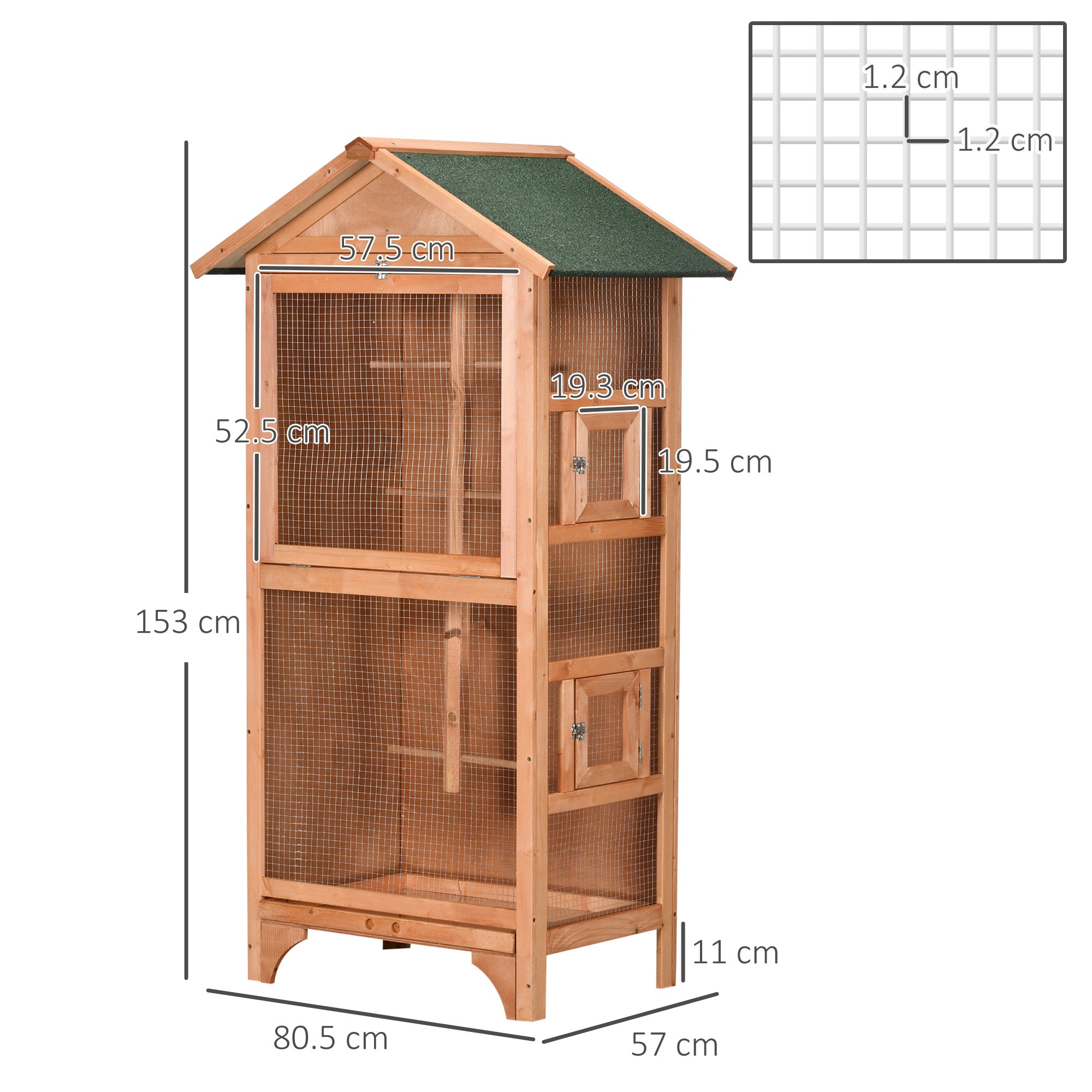 3-Door Wood and Metal Bird Cage with 4 Perches and Removable Tray, 80.5x57x153 cm, Orange