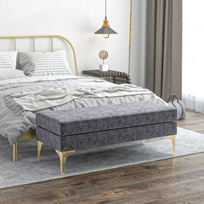 2-Layer Bed End Bench in Velvet Effect Fabric and Steel, 121x50.5x46.5 cm, Dark Grey and Gold