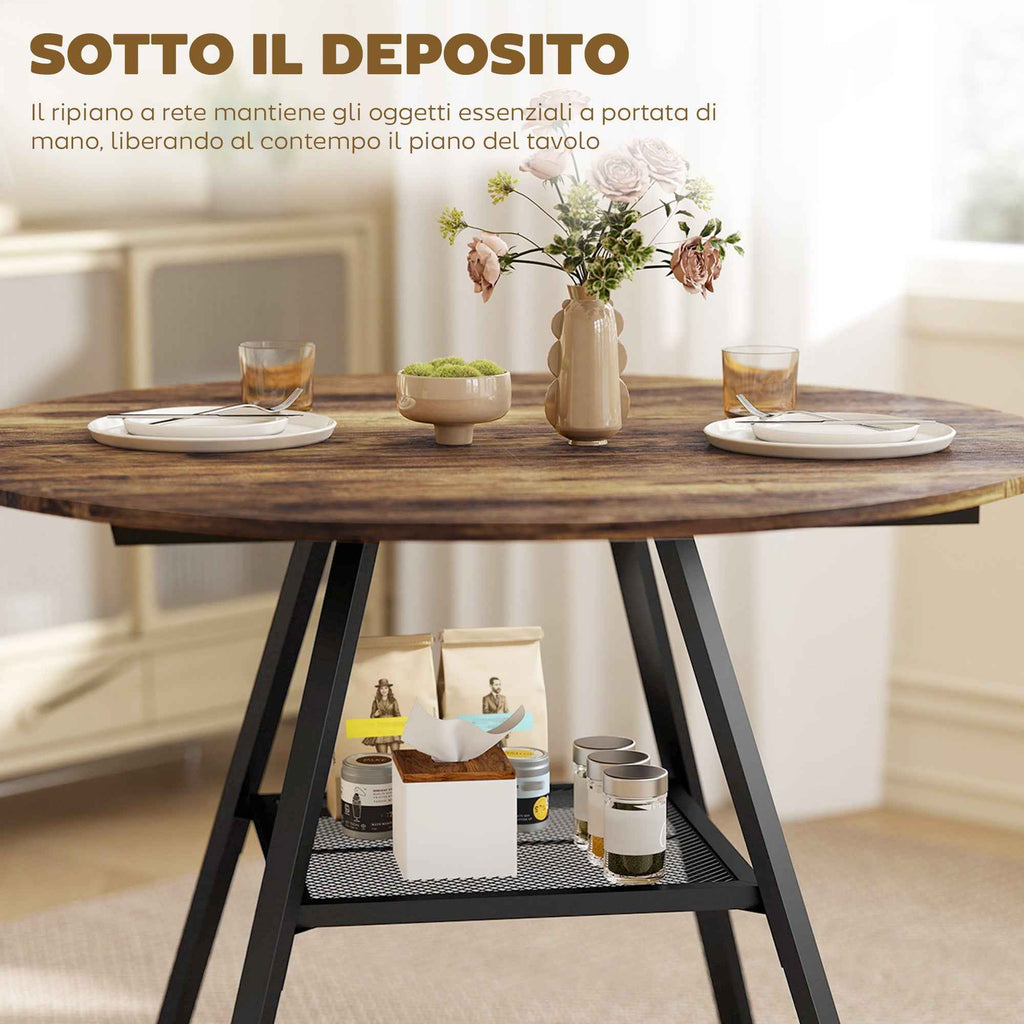 4-Seater Dining Table, 100cm Round, Industrial Kitchen, Storage Shelf, Rustic Brown.