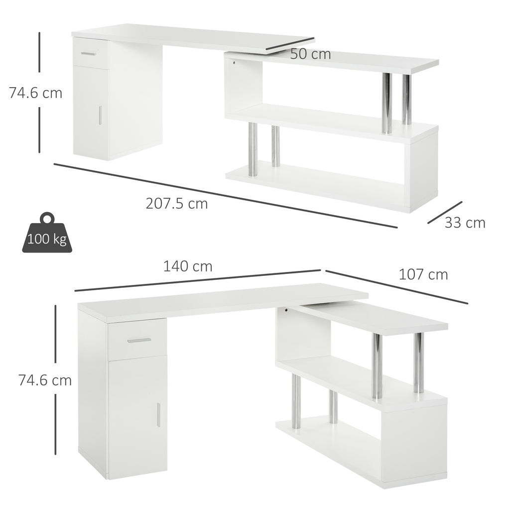 Homcom Modern Angular Wooden Desk with drawer, locker and shelves, office furniture and home, white - Borgè