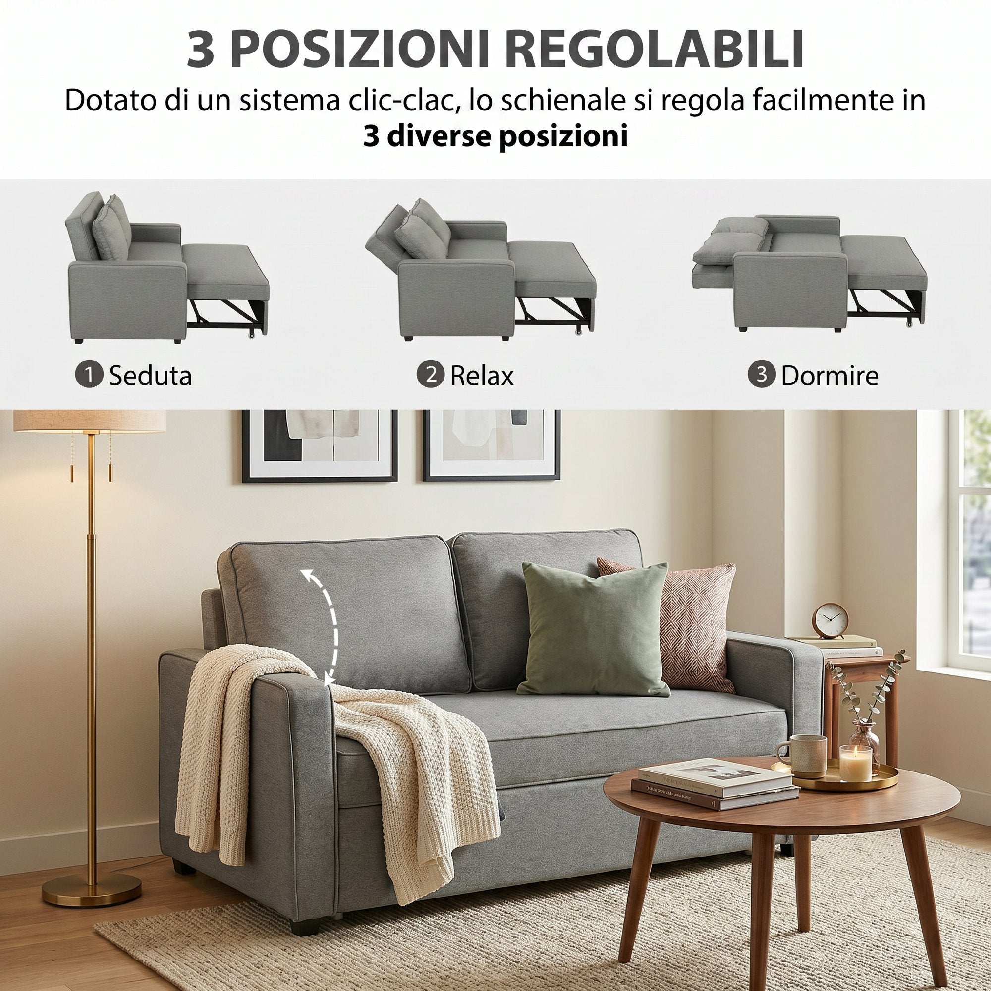 HOMCOM 3-in-1 2-Seater Sofa Bed with 3-Position Adjustable Backrest and 2 Cushions, Linen-Effect Fabric, Grey