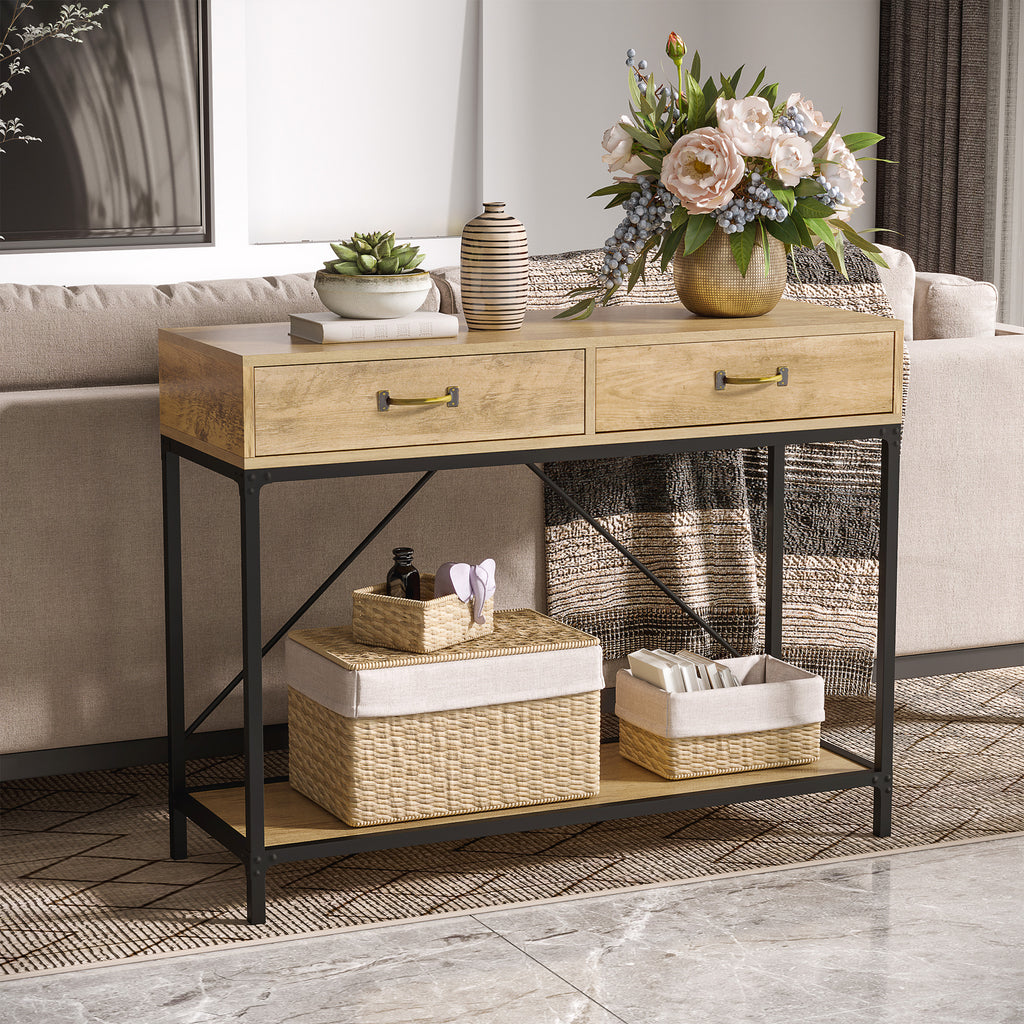 Vintage Style Metal and Wood Console Table with 2 Drawers and Shelf, 100x35x76.5cm, Brown