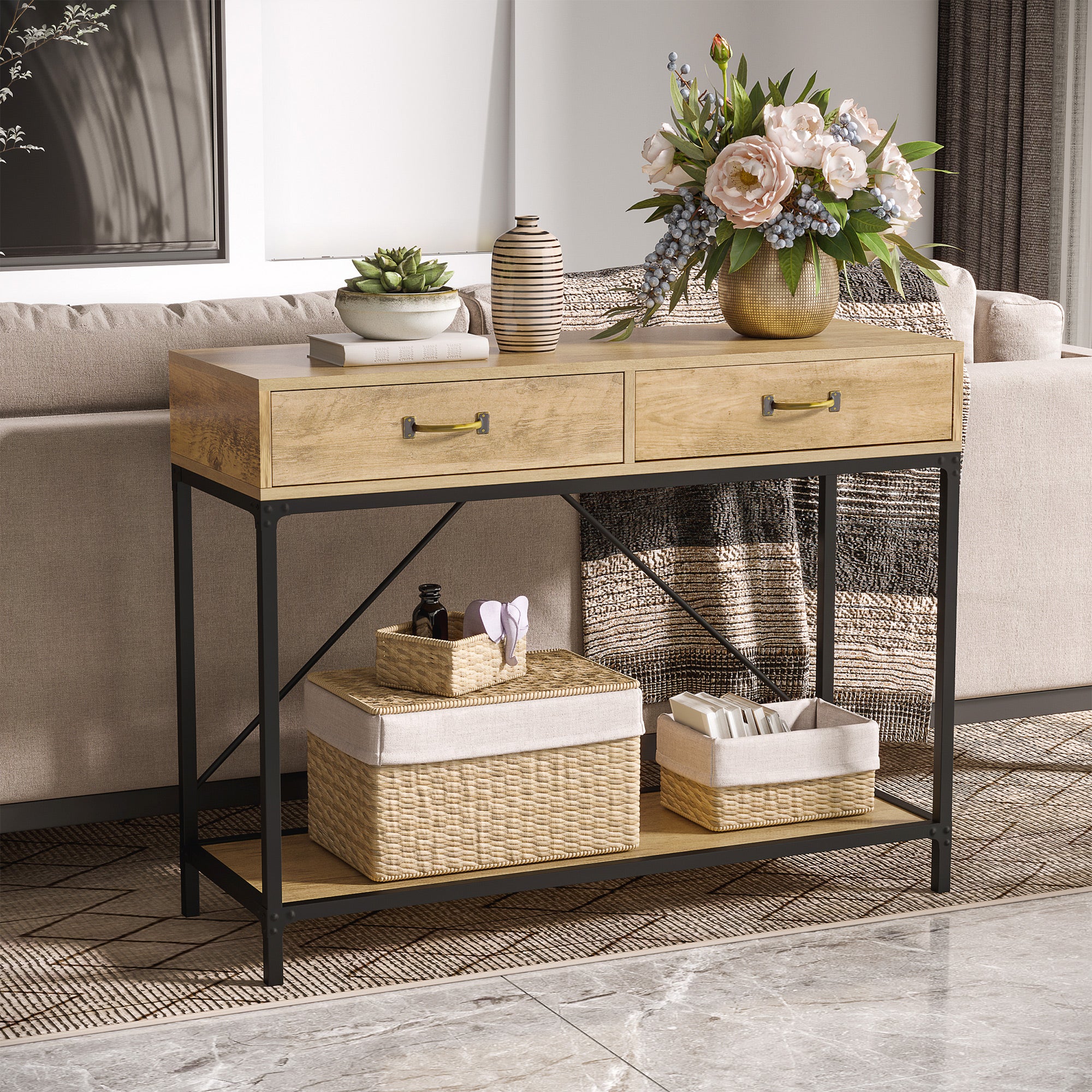 Vintage Style Metal and Wood Console Table with 2 Drawers and Shelf, 100x35x76.5cm, Brown