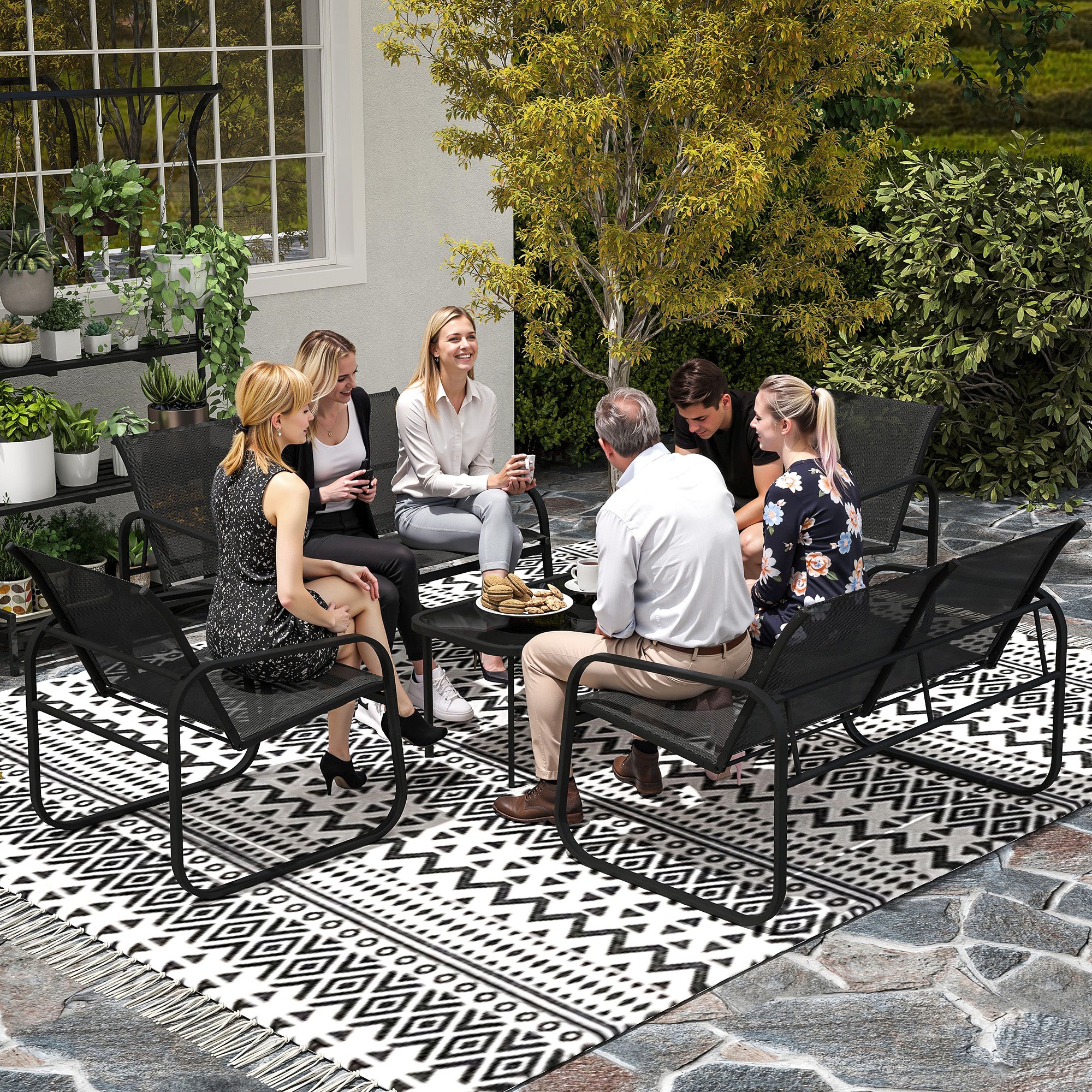 Garden Set with 2 2-Seater Sofas, 2 Armchairs and a Glass Top Coffee Table, Black