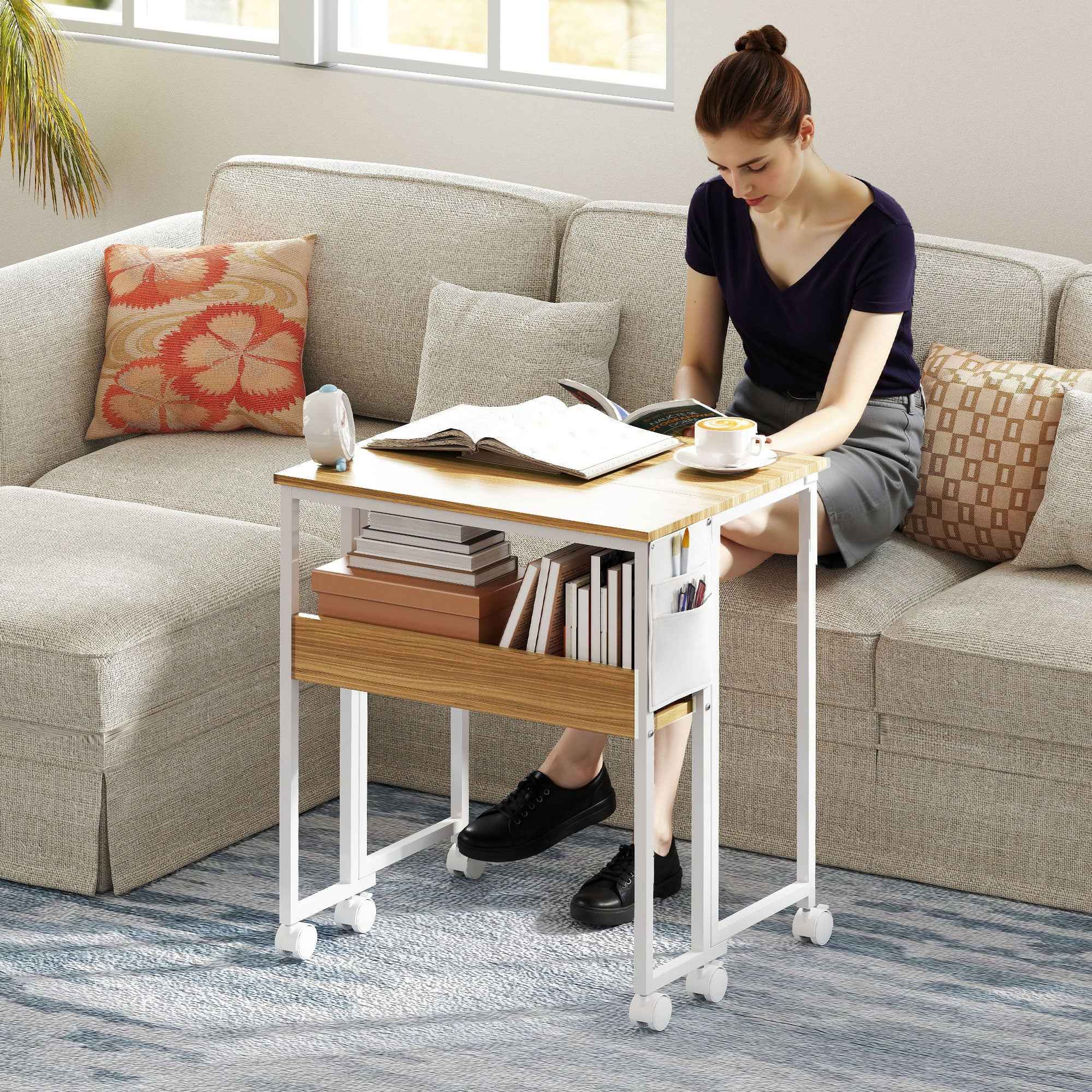 HOMCOM Space-Saving Folding Desk with Drop-Leaf Top, Storage Pocket, and Wheels, Natural Wood