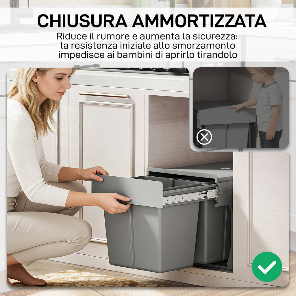 HOMCOM 31L Under Sink Pull Out Waste Bin with 3 Removable Buckets and Top, Light Grey