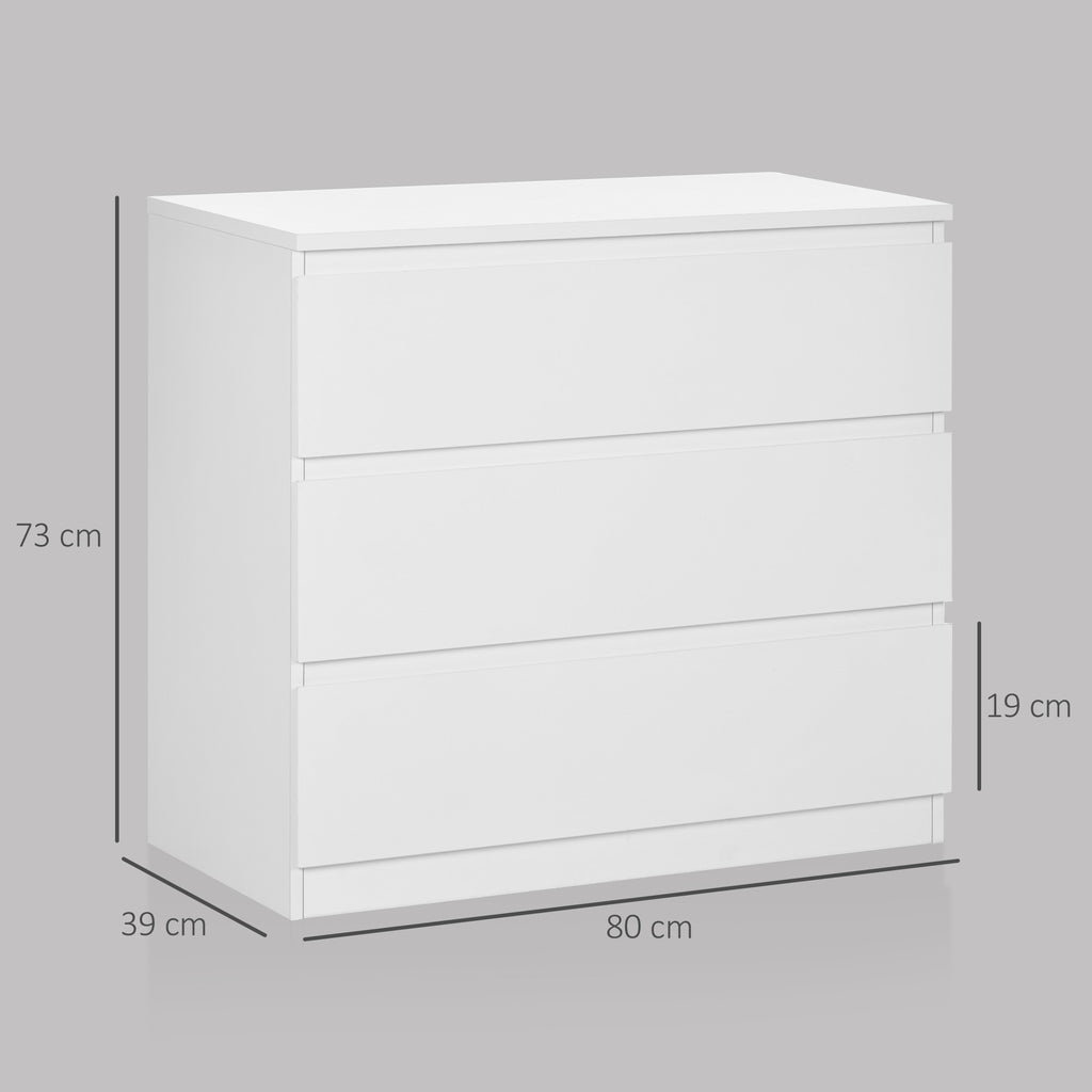 Modern 3-Drawer Chest of Drawers Without Handles for Bedroom and Living Room, 80x39x73 cm, White