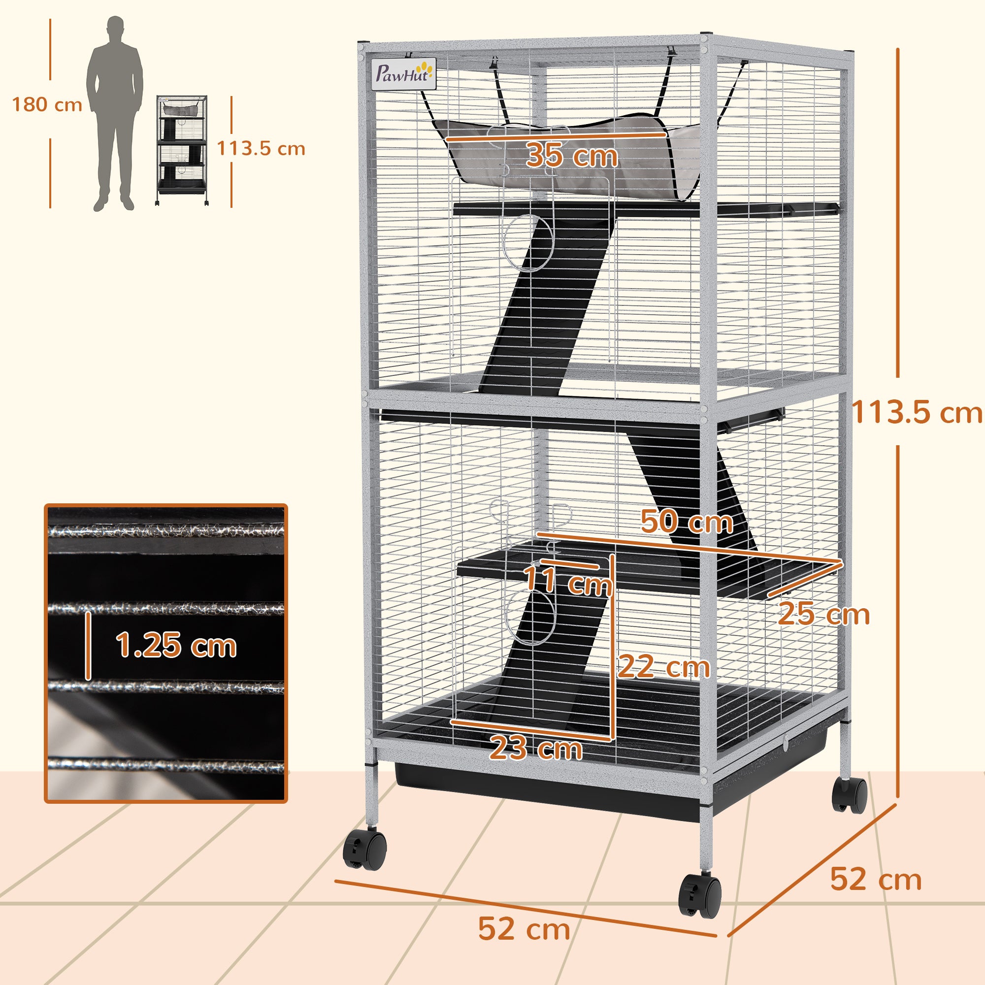Steel Guinea Pig and Chinchilla Cage with 3 Levels, Wheels and Removable Tray, Light Grey