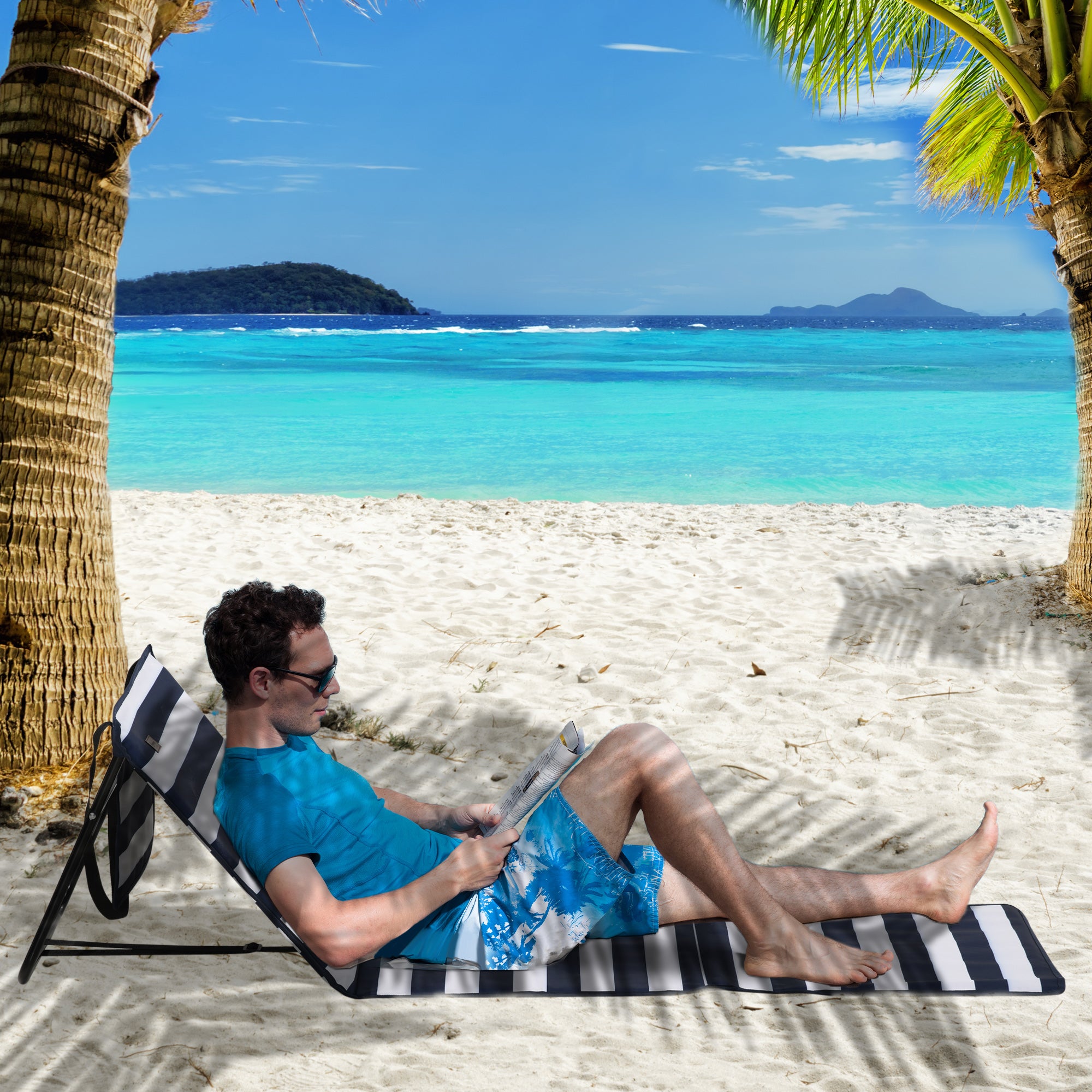 Set of 2 Folding and Adjustable Beach Chairs with Pocket, in Steel and Polyester, 142x51x40 cm, Multicolor