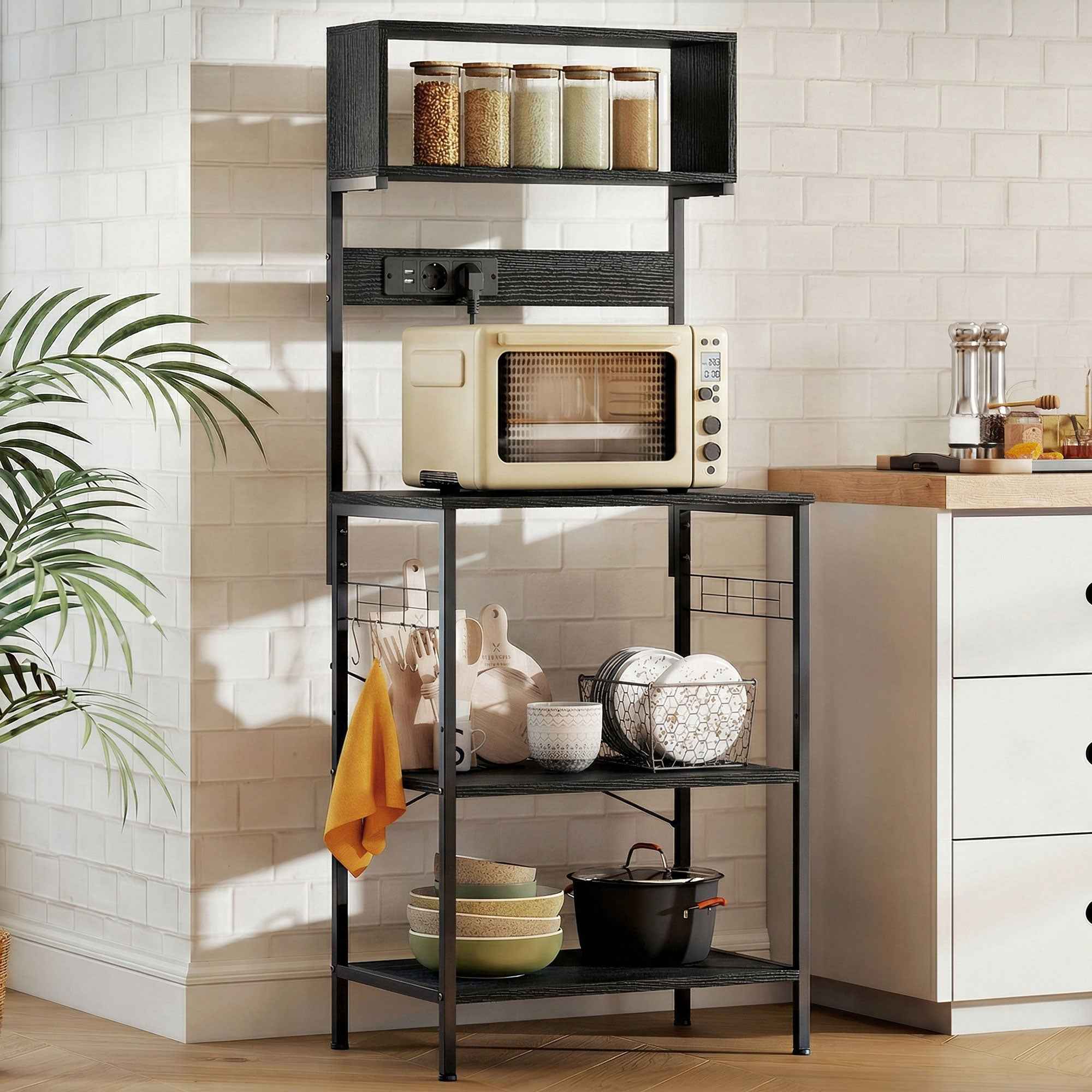 HOMCOM Industrial Kitchen Shelf with Microwave Socket, Shelves and Hooks, Wood and Steel, Black