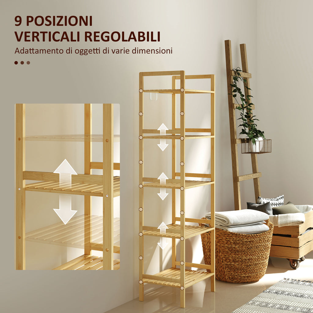 Bathroom Shelf with 5 Height-Adjustable Shelves in Bamboo, 43.5x31.5x142 cm, Natural Wood