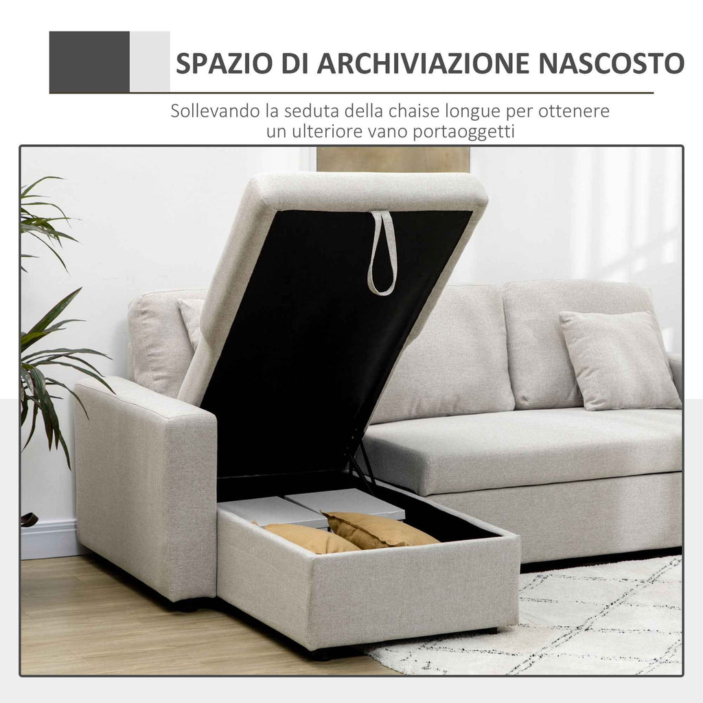 Corner Sofa Bed with 2 Seater Seat and Peninsula, Storage Compartment and 2 Fabric Cushions, Cream