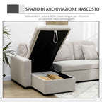 Corner Sofa Bed with 2 Seater Seat and Peninsula, Storage Compartment and 2 Fabric Cushions, Cream