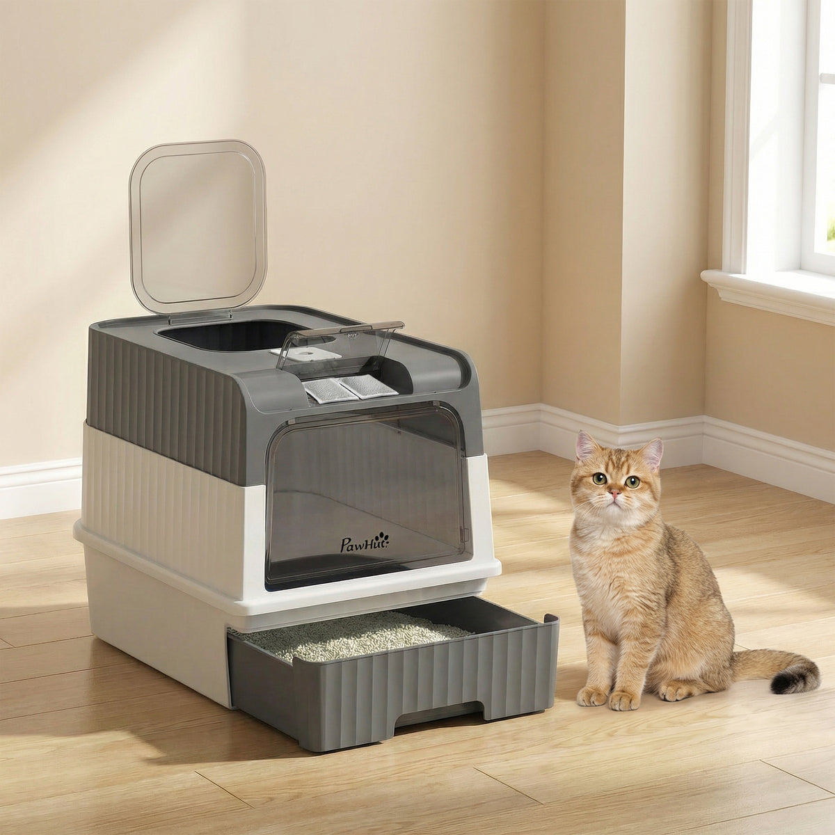 PawHut Cat Litter Box M with Lid, Removable Tray, Scoop, 4 Deodorant Packets, Grey