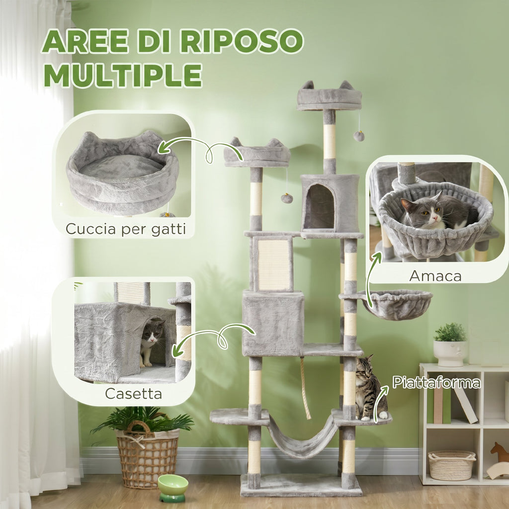 PawHut Cat Tree 206cm Tall with 4 Scratching Posts, Caves, Baskets, Hammocks, for 1-3 Kittens 6kg, Light Grey