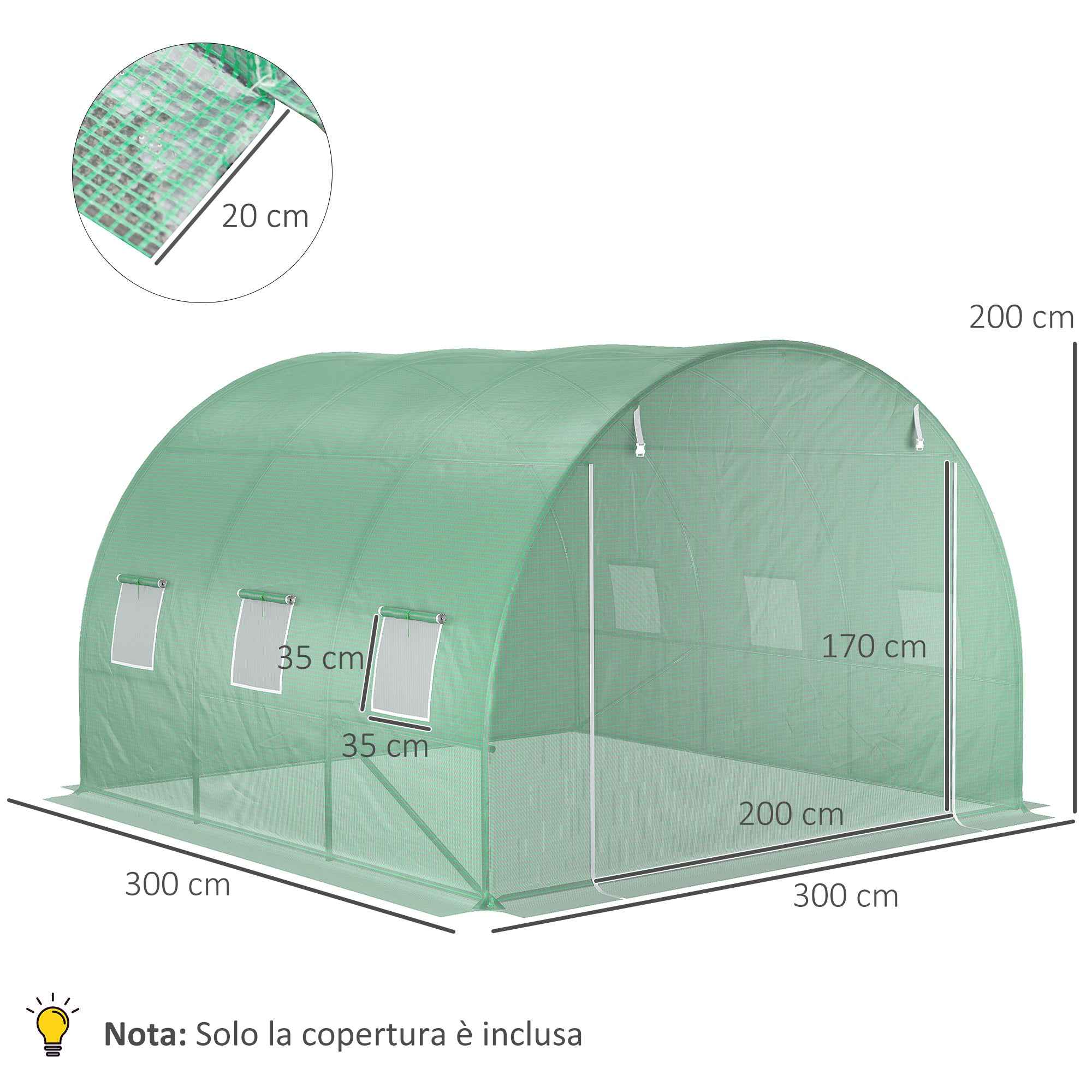 Outsunny PE Greenhouse Cover with 6 Windows, Roll-Up Door and Buried Edges, 3x3x2 m, Green