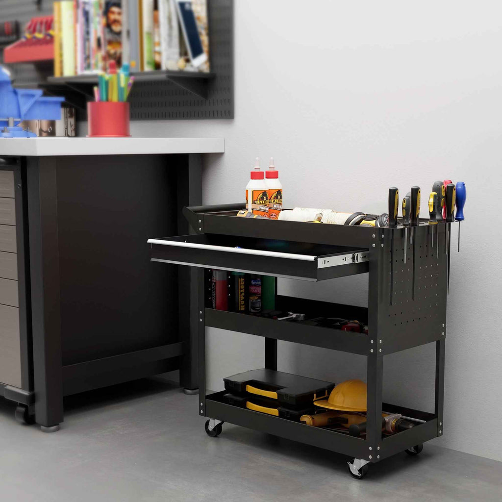 DURHAND 3-Tier Steel Trolley with Drawer, Side Tool Holder and Handle, Black