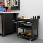 DURHAND 3-Tier Steel Trolley with Drawer, Side Tool Holder and Handle, Black