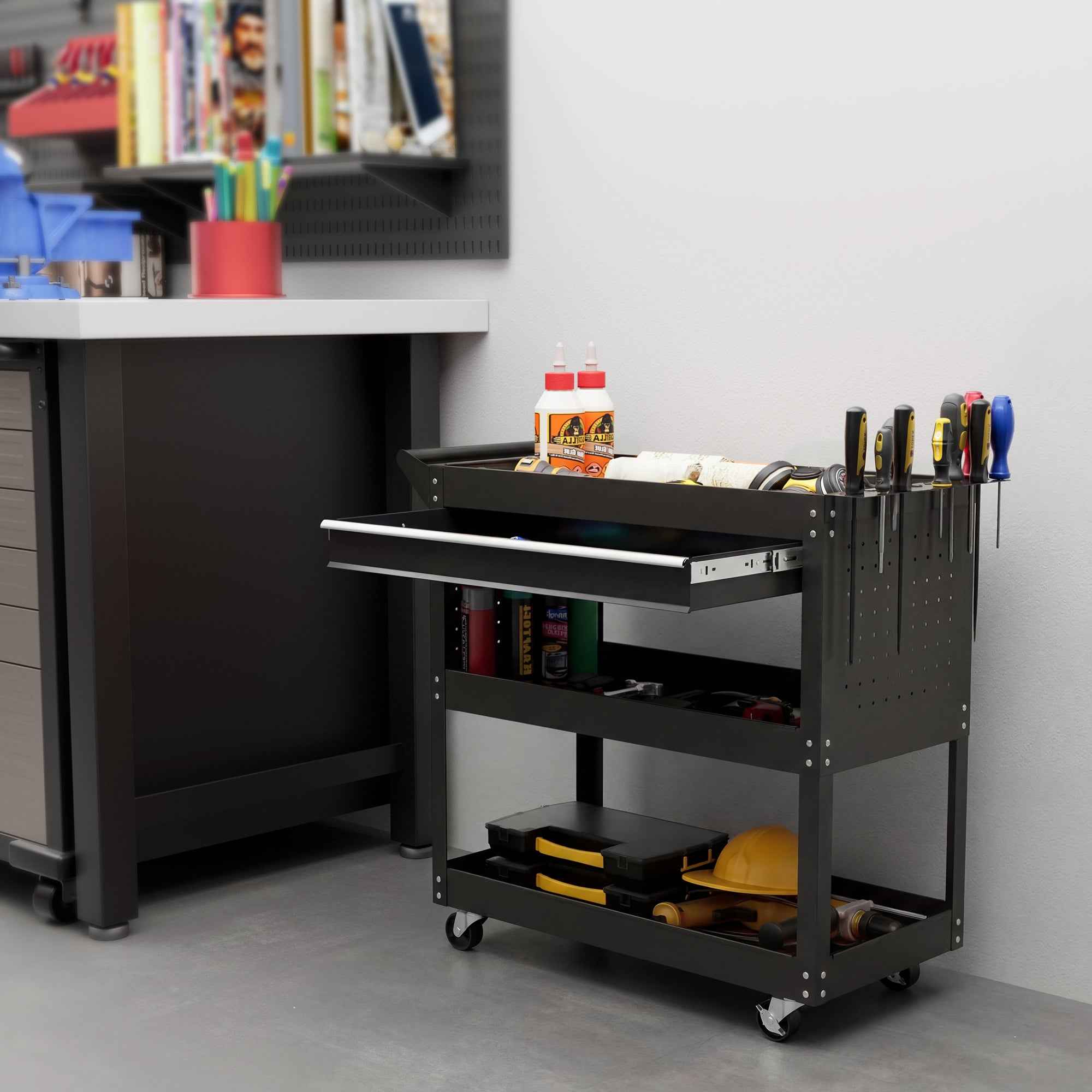 DURHAND 3-Tier Steel Trolley with Drawer, Side Tool Holder and Handle, Black
