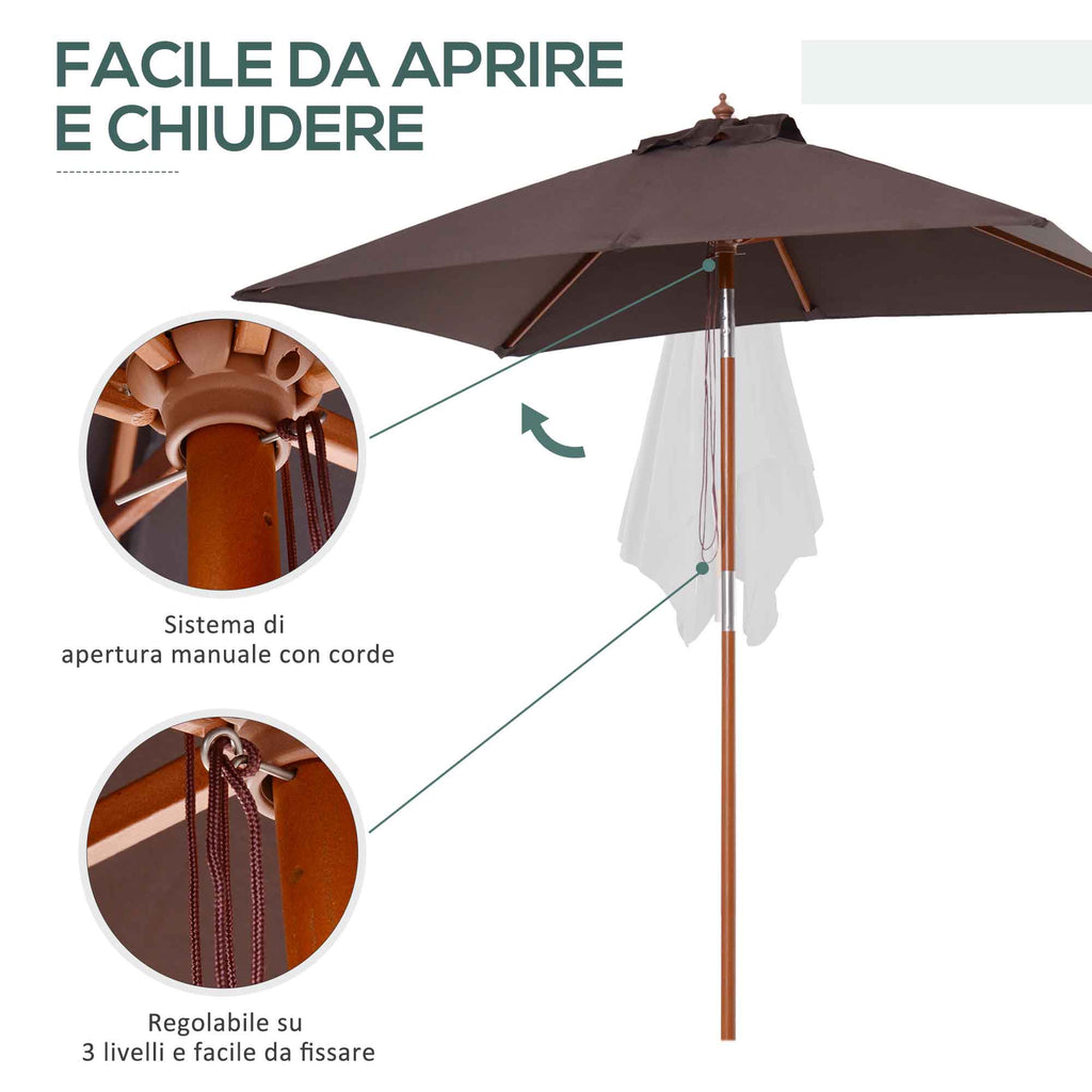 Tilting Rectangular Umbrella 2x1.5 m with 6 Ribs and Rope Opening, in Bamboo and Coffee Polyester