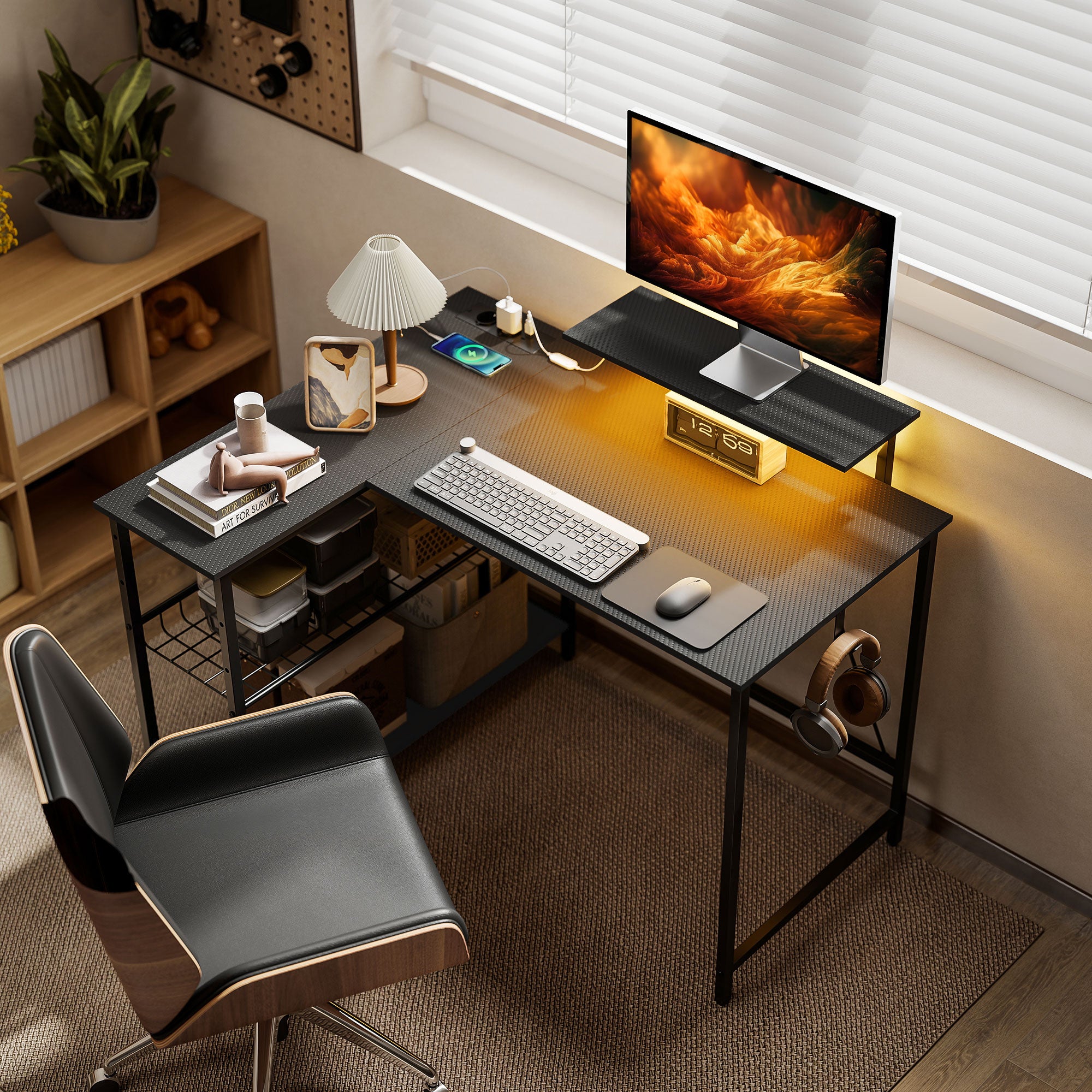 Corner Gaming Desk with LED Lights, Power Outlets, Monitor Stand and Shelf, Black