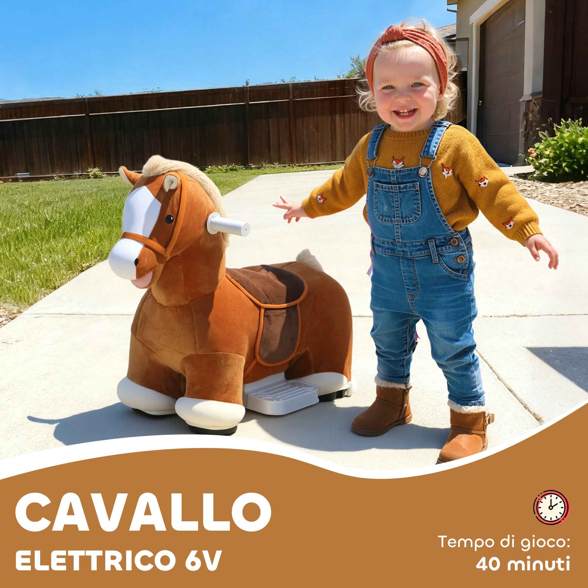 AIYAPLAY Electric Horse for Children with Pedals, Wheels and Sounds, Plush and Metal, 74x34x51 cm, Brown