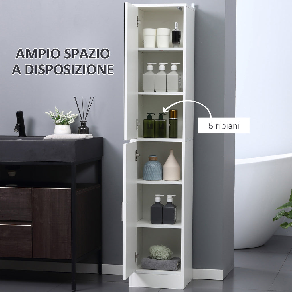 kleankin 5-Shelf Wooden Bathroom Cabinet with Opening Mirror Door, 32x28x162 cm, White