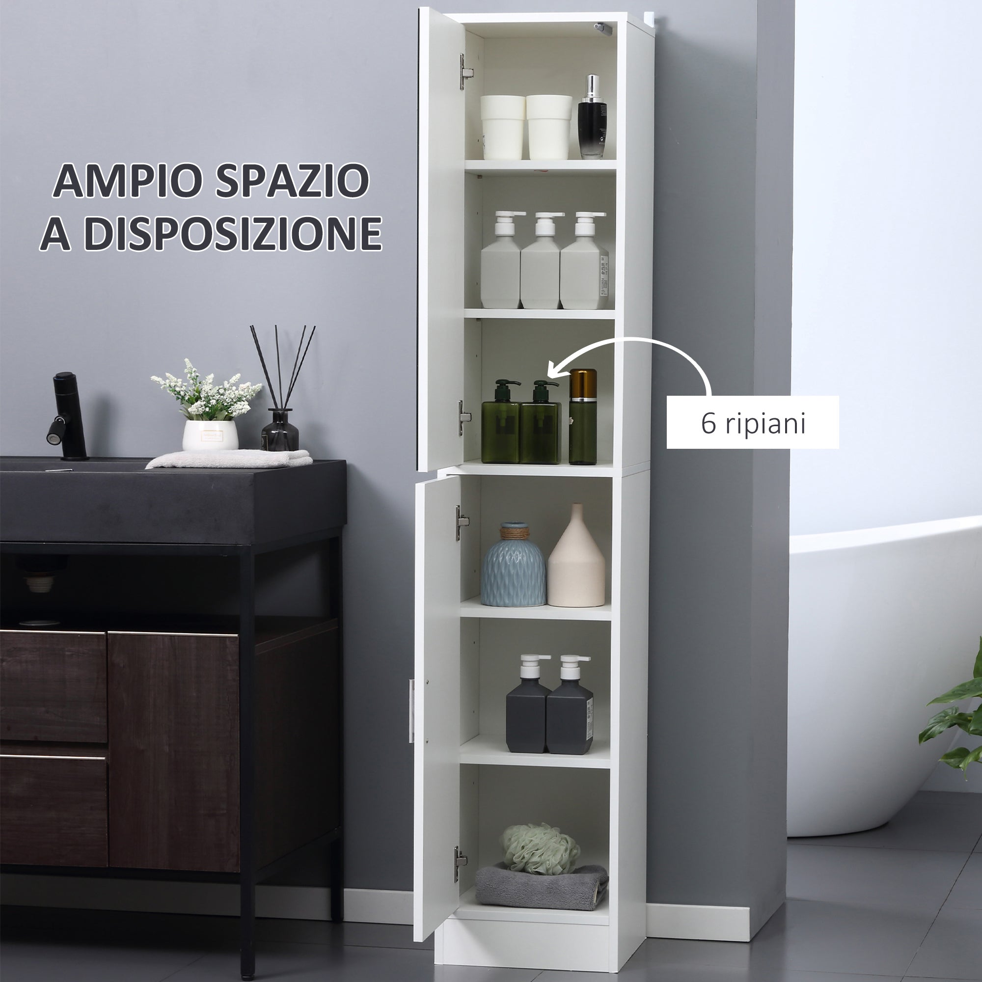 kleankin 5-Shelf Wooden Bathroom Cabinet with Opening Mirror Door, 32x28x162 cm, White
