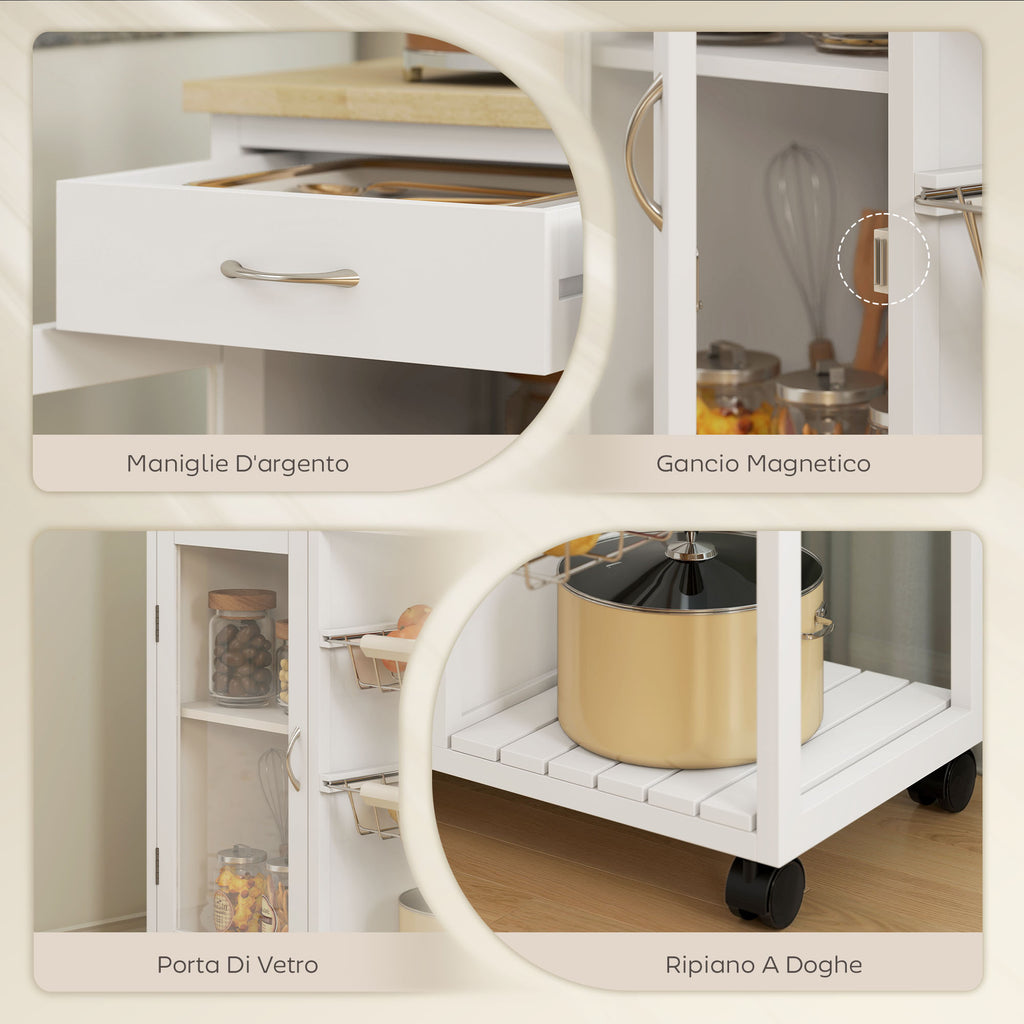 Bamboo Kitchen Cart with 2 Drawers, Cabinet, Shelf and 2 Steel Baskets, 67x35x80 cm, White