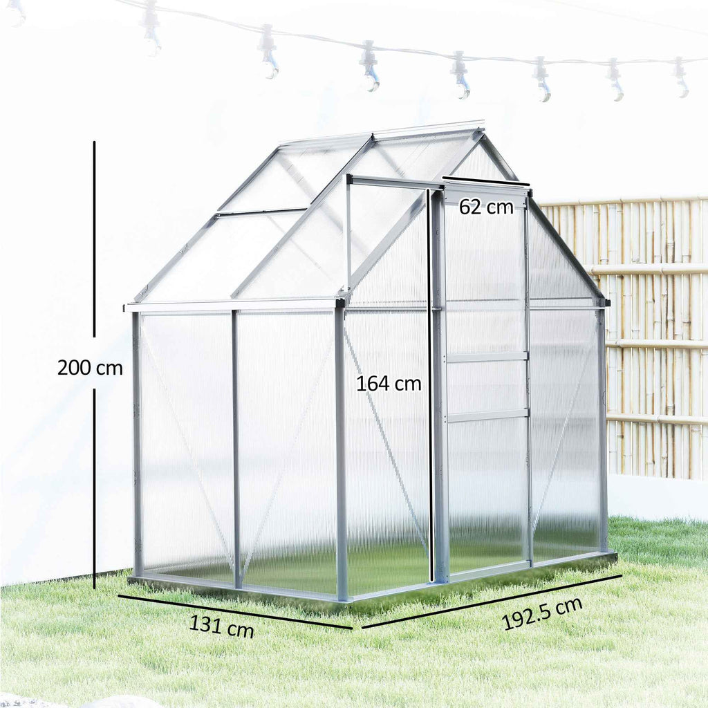 Outsunny Polycarbonate and Aluminum Greenhouse with Hinged Door and Roof Window, 192.5x131x200 cm, Silver