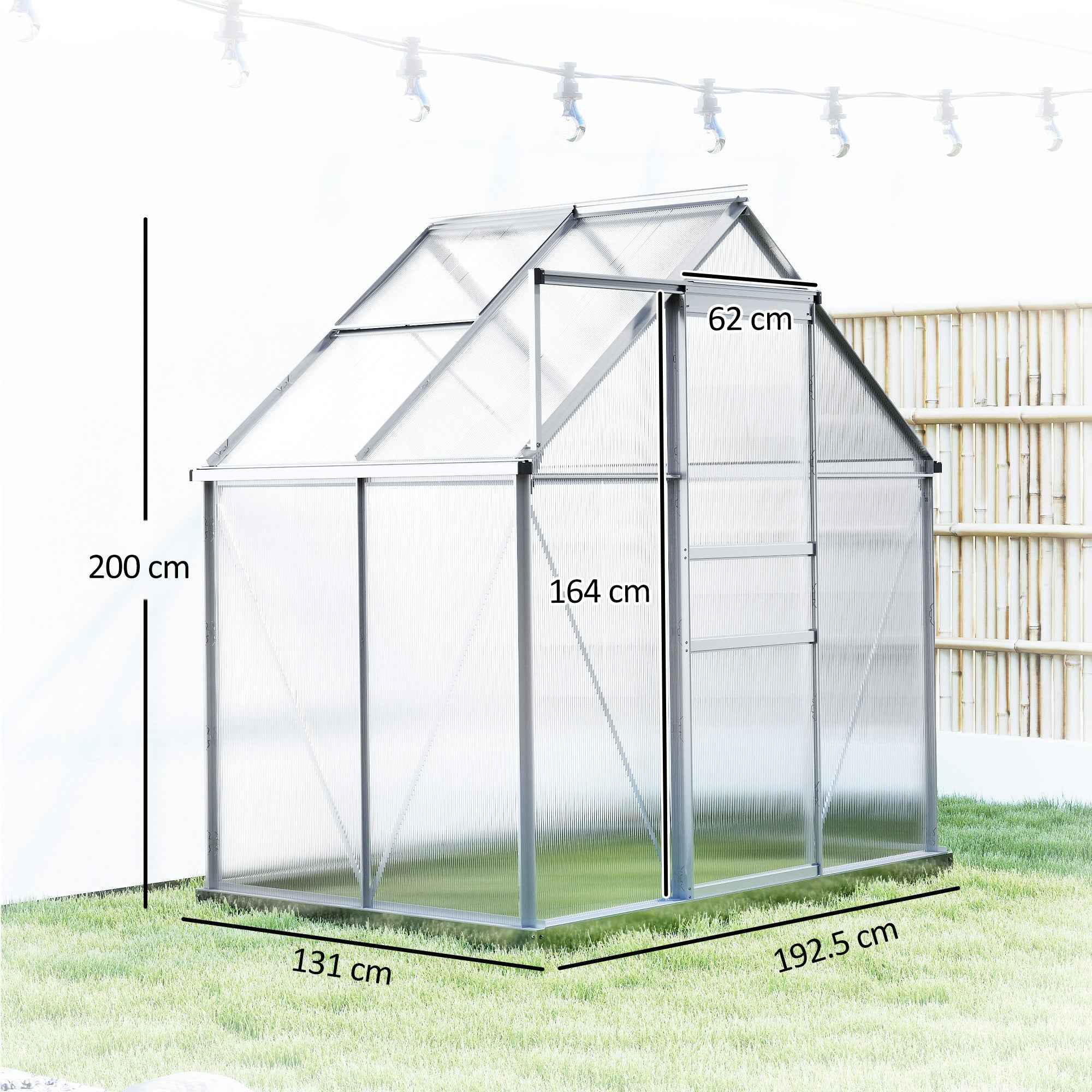Outsunny Polycarbonate and Aluminum Greenhouse with Hinged Door and Roof Window, 192.5x131x200 cm, Silver
