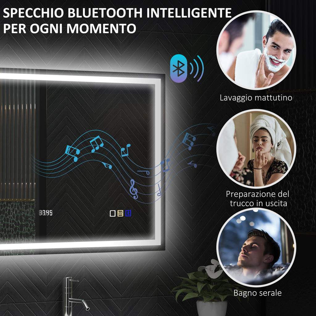 Anti-Fog Bathroom Mirror with Adjustable LED Light, Bluetooth Speaker, Touch Buttons, 80x100cm
