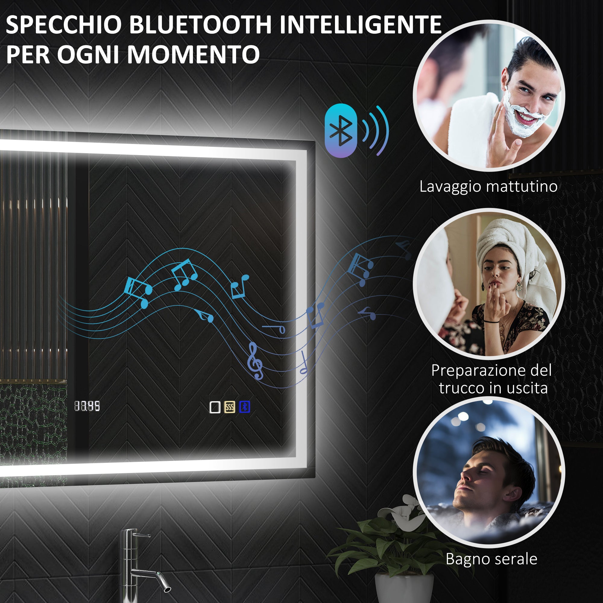 Anti-Fog Bathroom Mirror with Adjustable LED Light, Bluetooth Speaker, Touch Buttons, 80x100cm