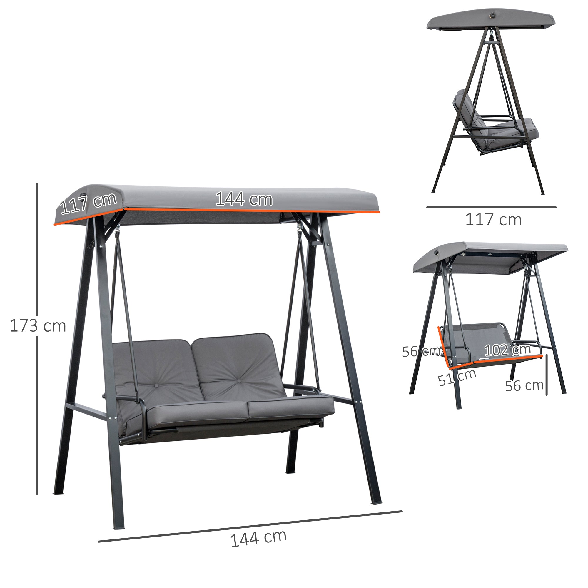 SIERA | 2-Seater Swing with Adjustable Canopy and Cushions, in Steel and Polyester, 144x117x173 cm, Grey