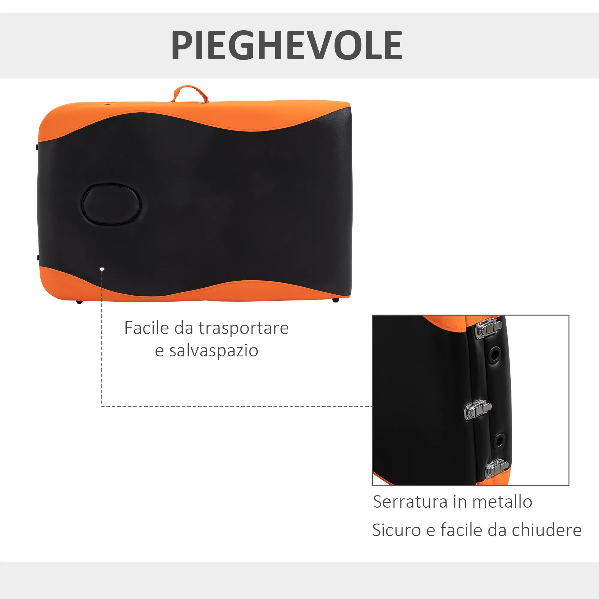 Foldable Massage and Beauty Table / Couch with Adjustable Height, Professional Massage Bed in Aluminum and Plastic, 215x60x61-84 cm, Black and Orange - Borge' Group Limited