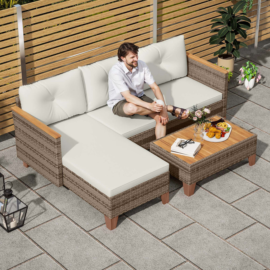 PE Rattan Garden Lounge with 2-Seater Sofa, Chaise Longue and Coffee Table, Cream