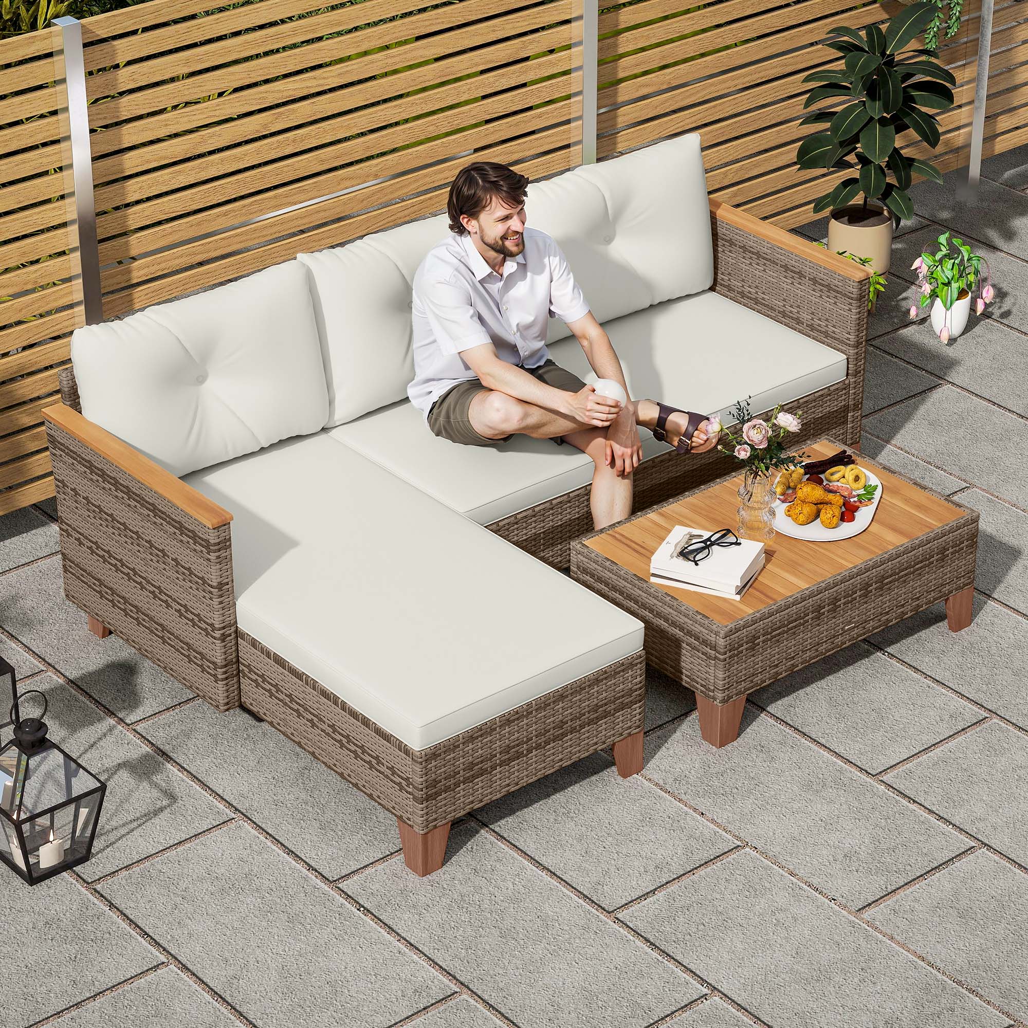 PE Rattan Garden Lounge with 2-Seater Sofa, Chaise Longue and Coffee Table, Cream