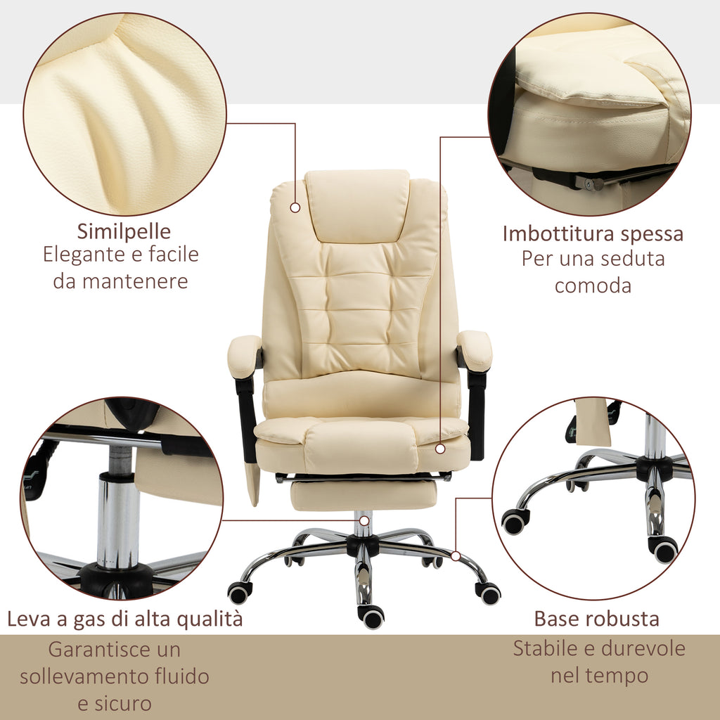 Vinsetto Ergonomic 6-Point Height-Adjustable Massage Office Chair with Adjustable Backrest and Footrest, Cream | Aosom Italy