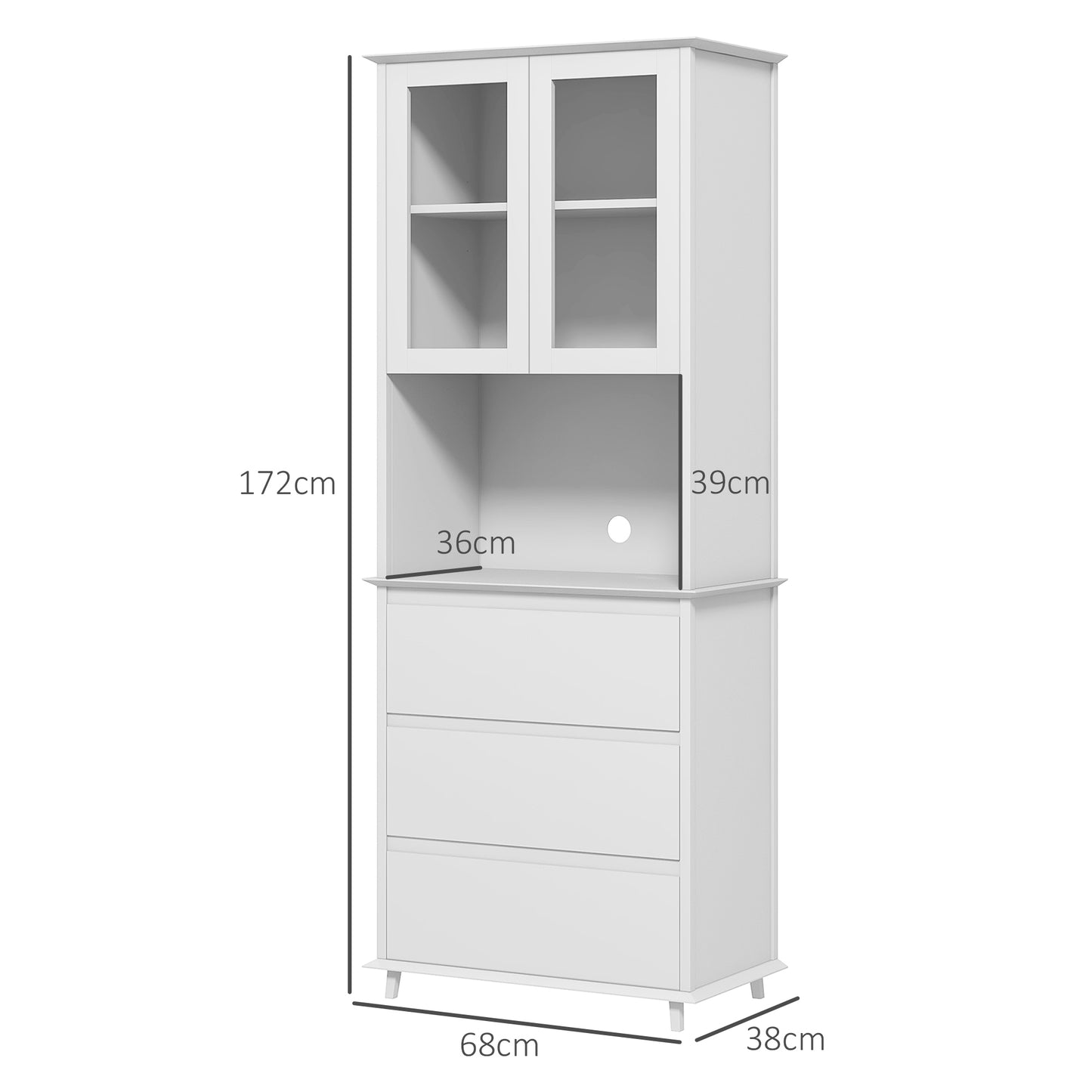 HOMCOM High Kitchen Pantry with 2-Tier Cabinet and 3 Drawers, in MDF, 68x38x172 cm, White