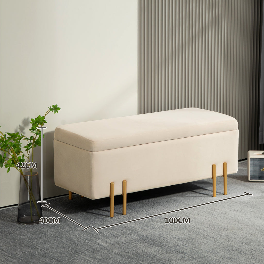 Modern Bedside Bench with Internal Storage Space, Beige Polyester, 100x40x42 cm