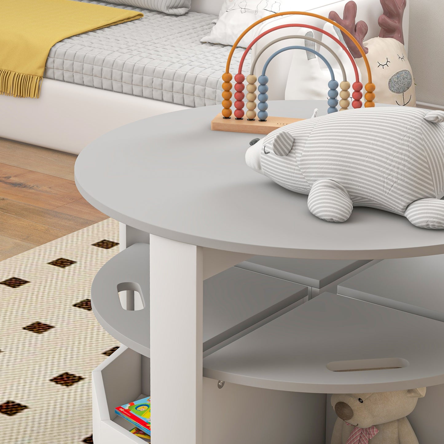 Children's Table and 4 Stools Set with Space-Saving Storage in Wood, Grey